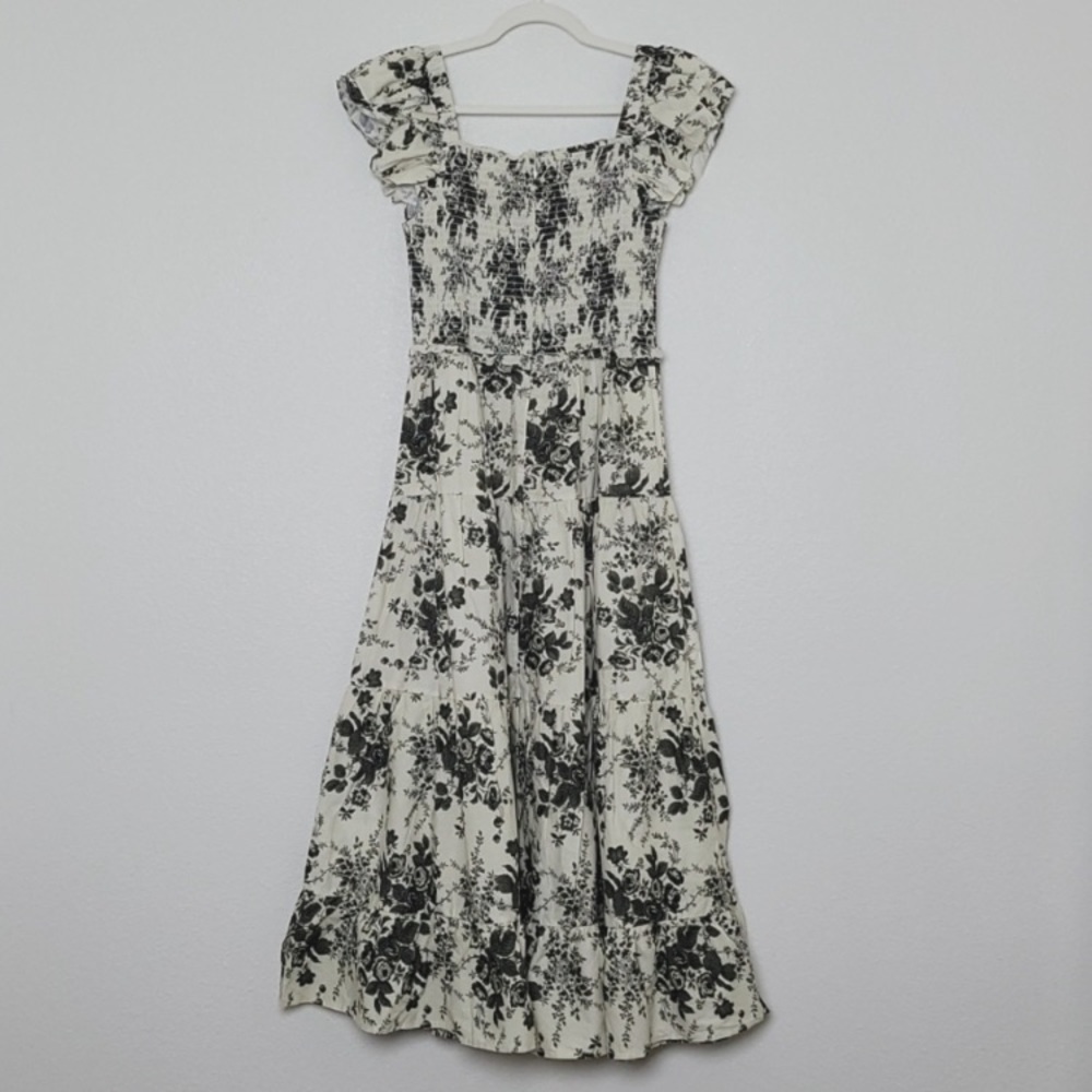 LINI Ophelia Smocked Flutter Sleeve Midi Dress Black Ivory Floral XS. Worn once - Picture 7 of 8